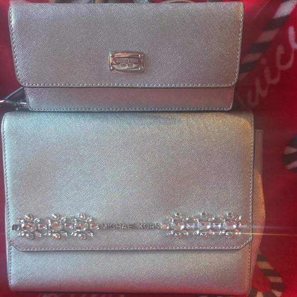 MICHAEL Michael Kors Handbags - Michael Kors Metallic Silver Mini Crossbody with Crystal Trim